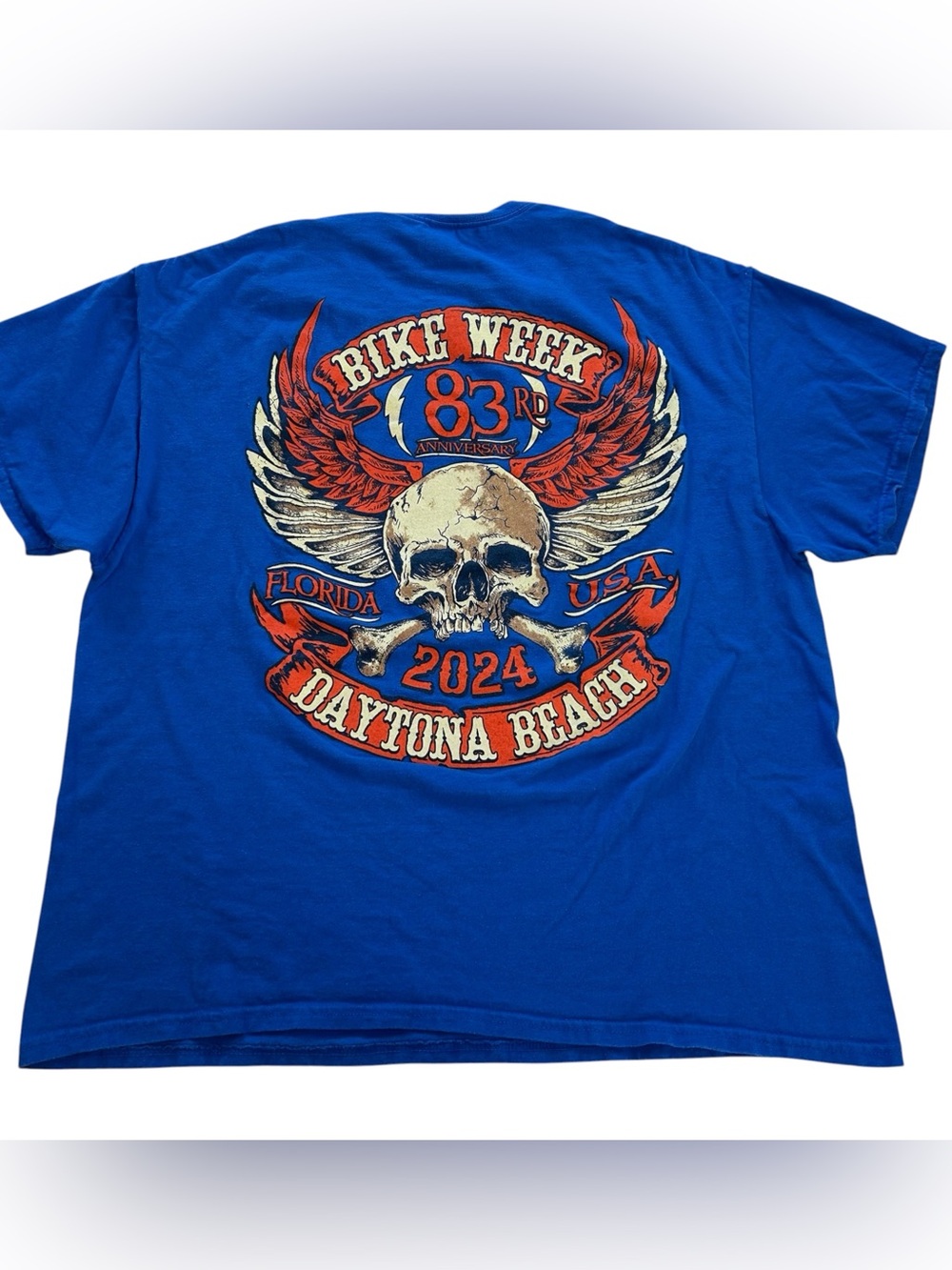 Daytona Bike Week 2024 83rd Anniversary Men’s T-Shirt Gildan Blue Biker Skull XL